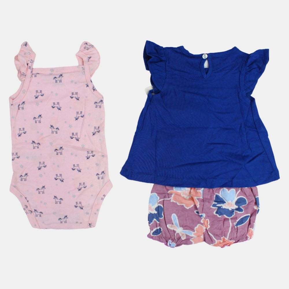 Baby Girls Indigo Unicorn-Themed 3-Piece Cotton Outfit Set