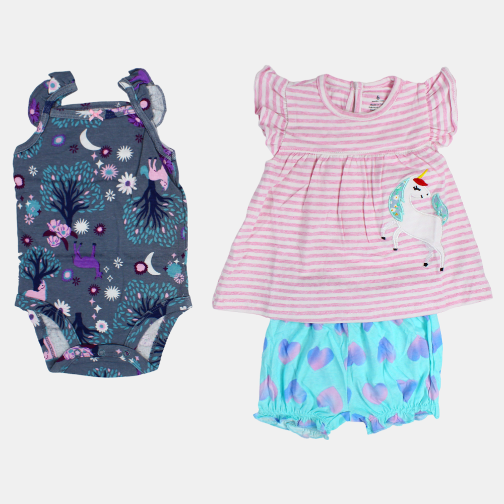 Baby Girls Cotton 3-Piece Outfit Set – Pink with Unicorn Print