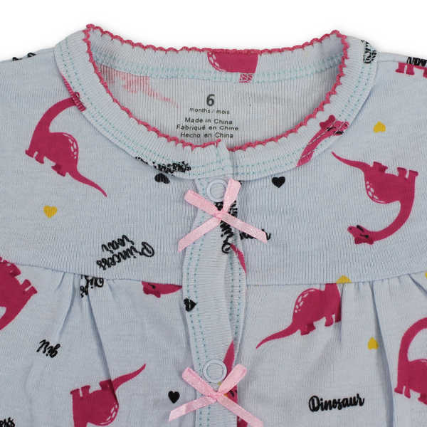 Baby Girls Cotton Romper – Baby Blue with Dinosaur Embroidery