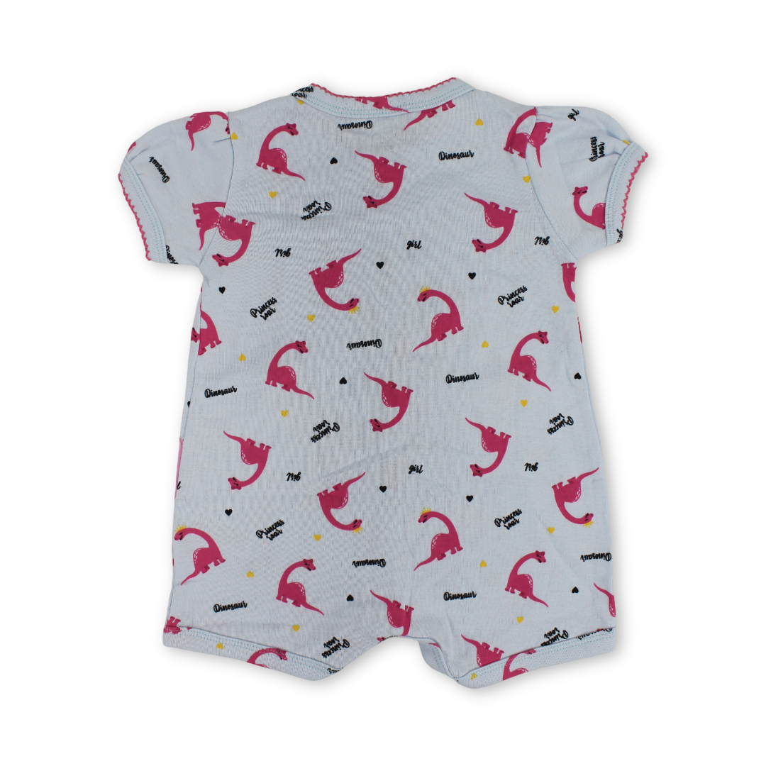 Baby Girls Cotton Romper – Baby Blue with Dinosaur Embroidery