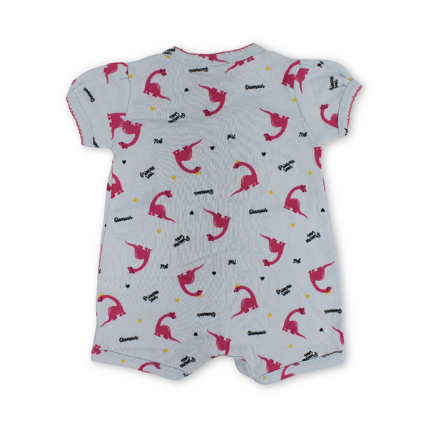Baby Girls Cotton Romper – Baby Blue with Dinosaur Embroidery