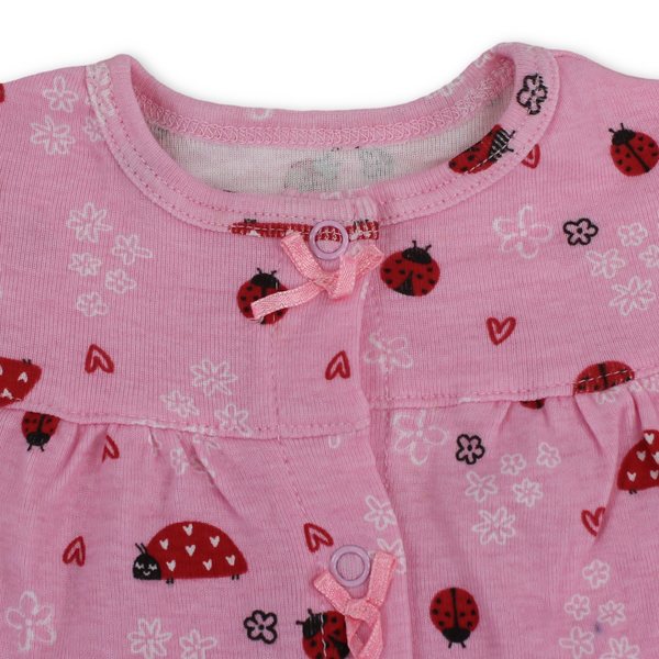 Baby Girls Cotton Romper – Pink with Beetle Embroidery