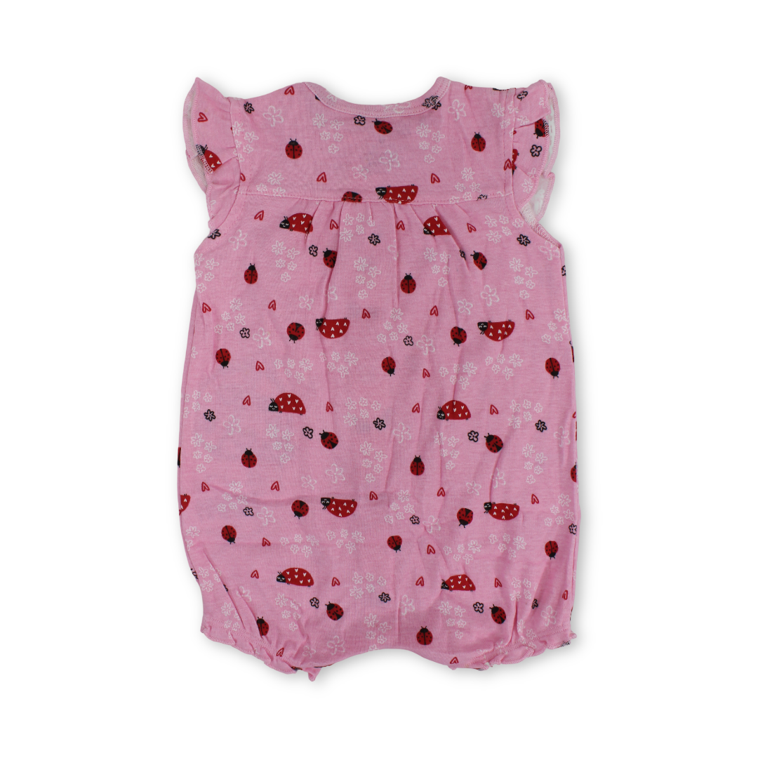 Baby Girls Cotton Romper – Pink with Beetle Embroidery