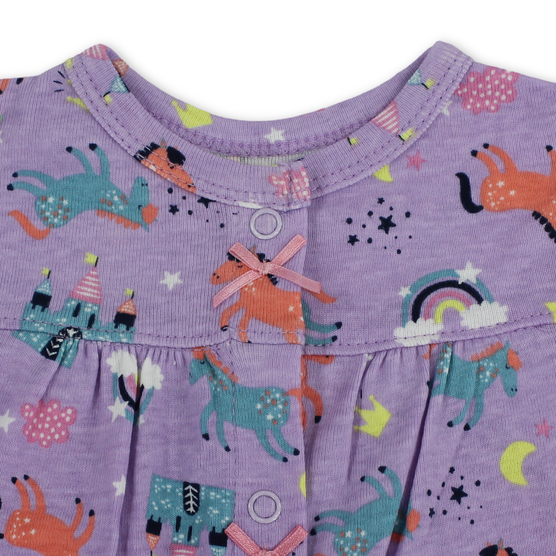 Baby Girls Cotton Romper – Purple with Unicorn Embroidery