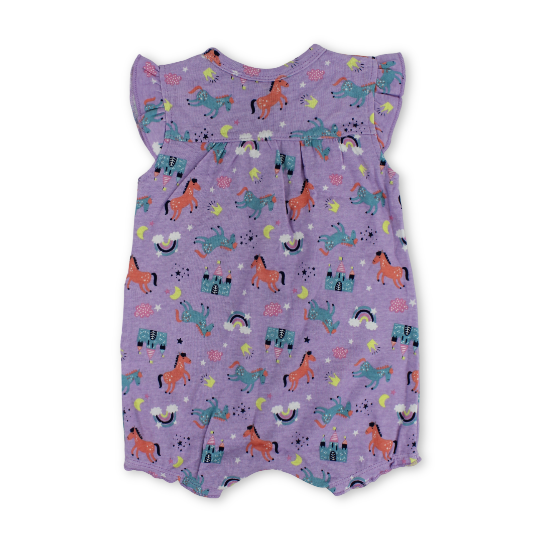 Baby Girls Cotton Romper – Purple with Unicorn Embroidery