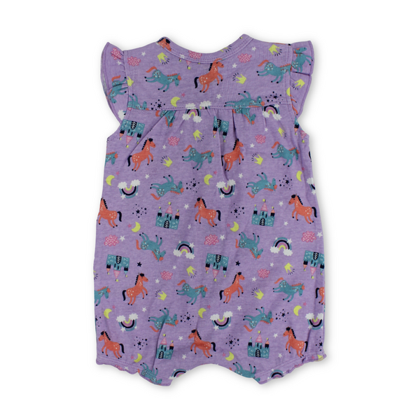Baby Girls Cotton Romper – Purple with Unicorn Embroidery