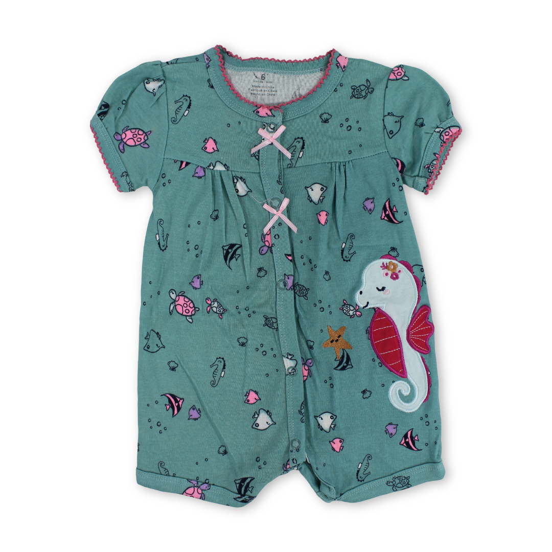 Baby Girls Cotton Romper – Mint with Sea Horse Embroidery - Clothing - Cherries