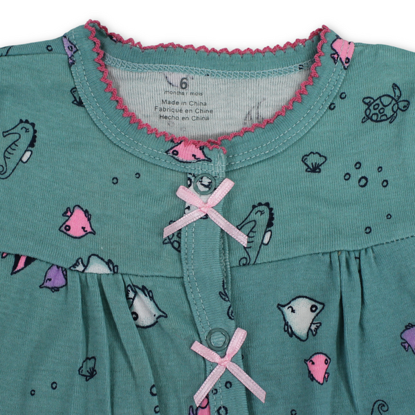 Baby Girls Cotton Romper – Mint with Sea Horse Embroidery