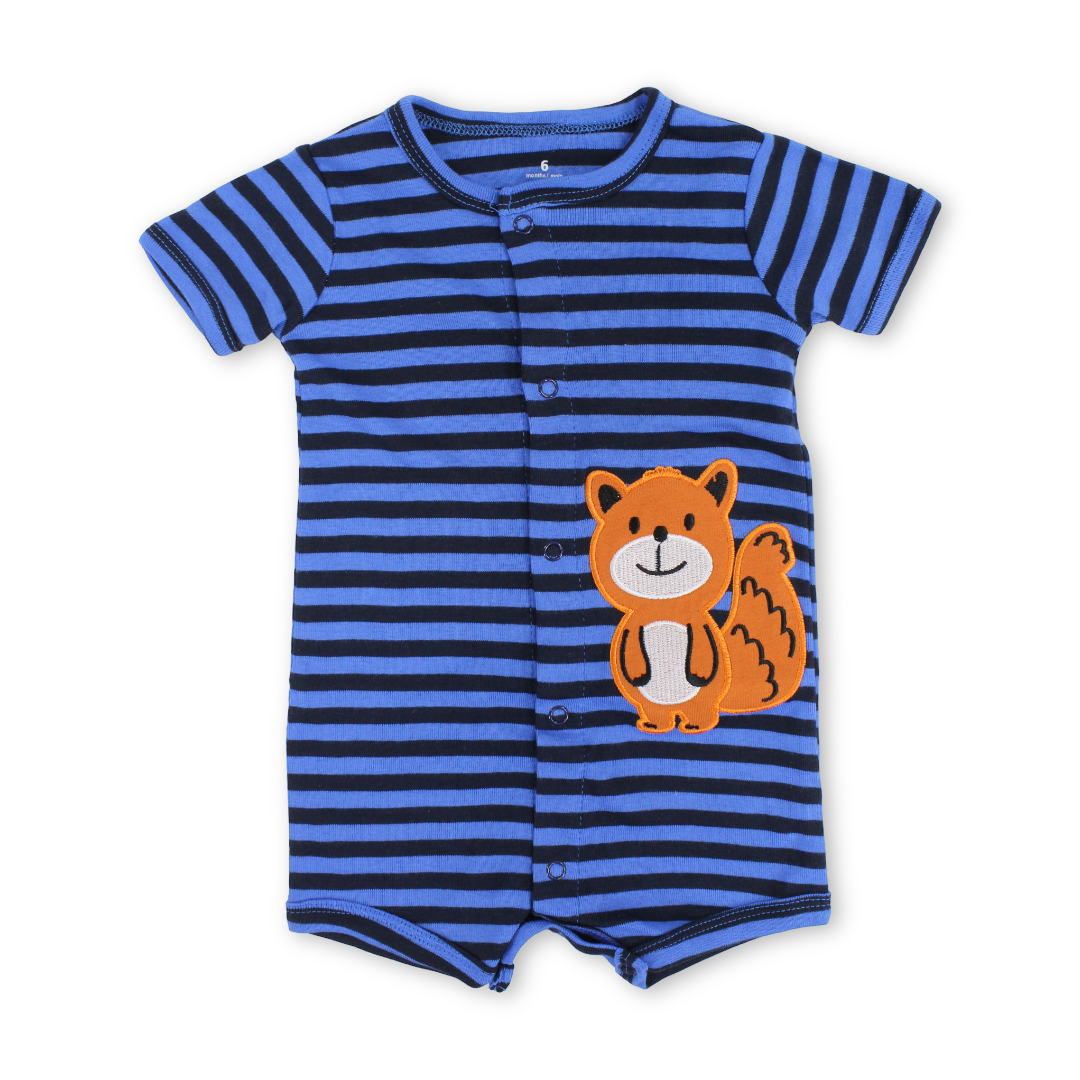 Baby Boys Cotton Romper – Striped Blue with Squirrel Embroidery - Clothing - Cherries