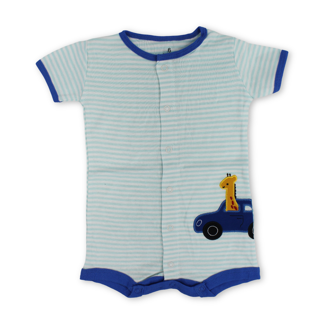Baby Boys Cotton Romper – Striped Aqua with Car Embroidery - Clothing - Cherries