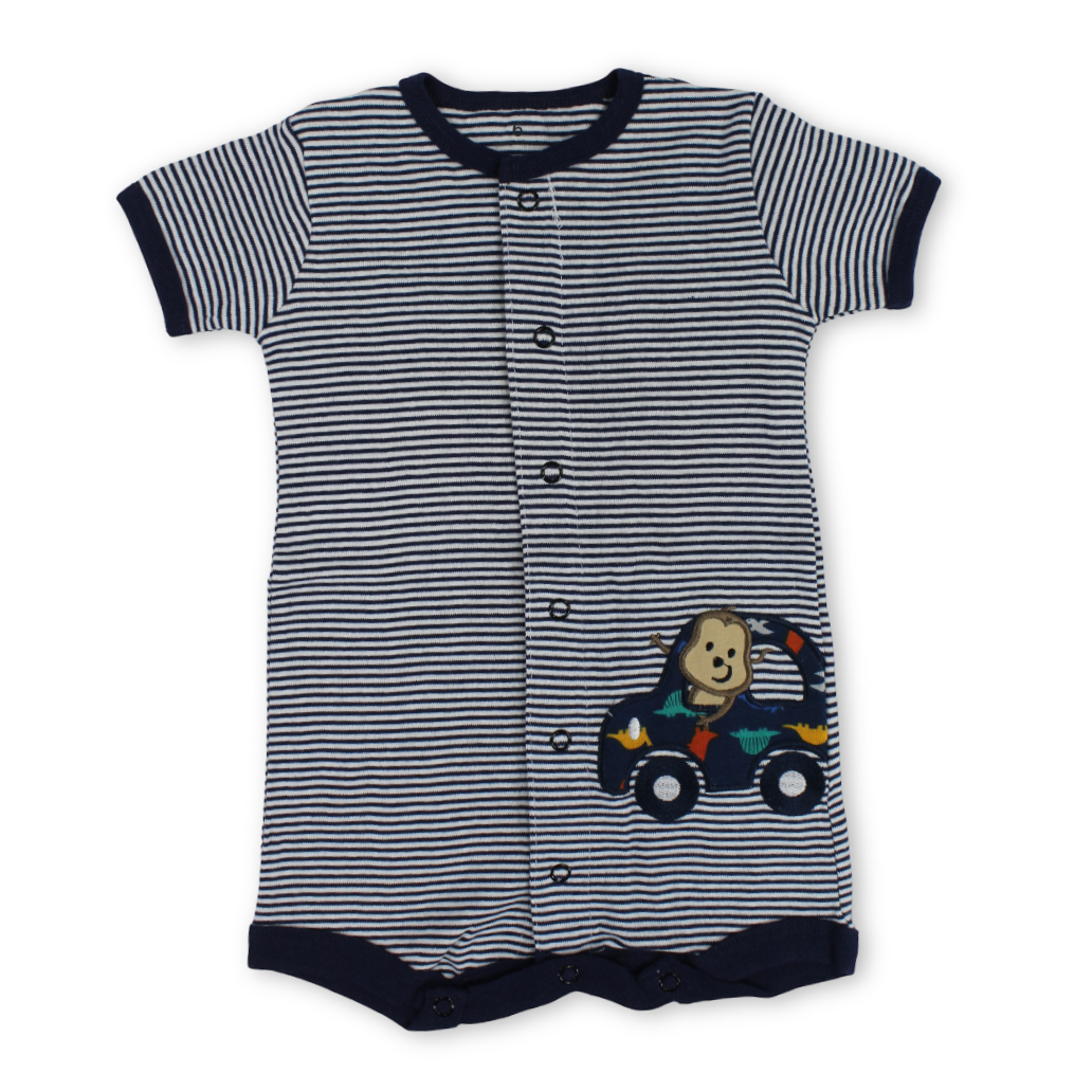 Baby Boys Cotton Romper – Striped Navy with Car Embroidery - Clothing - Cherries