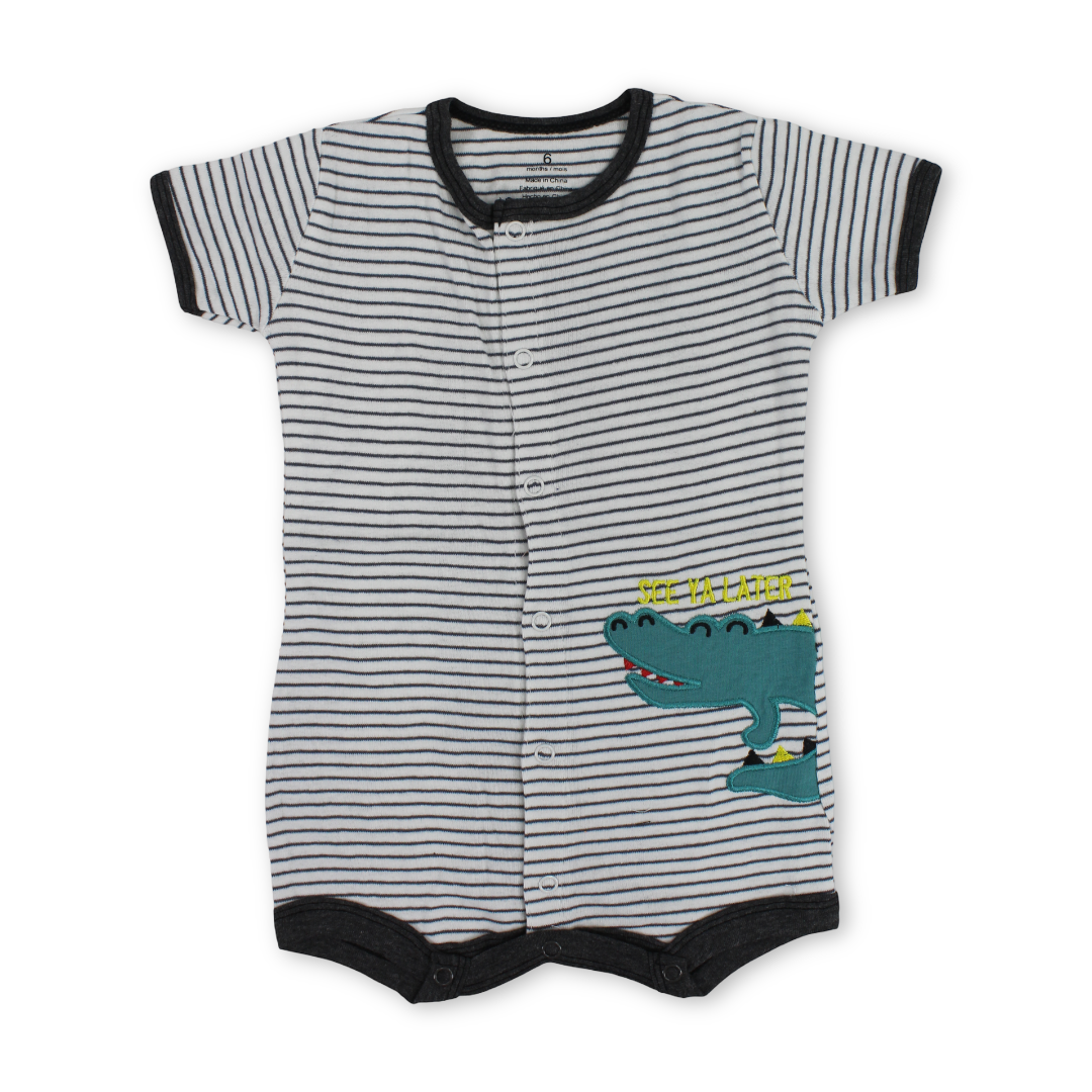 Baby Boys Cotton Romper – Striped Grey with Dino Embroidery - Clothing - Cherries