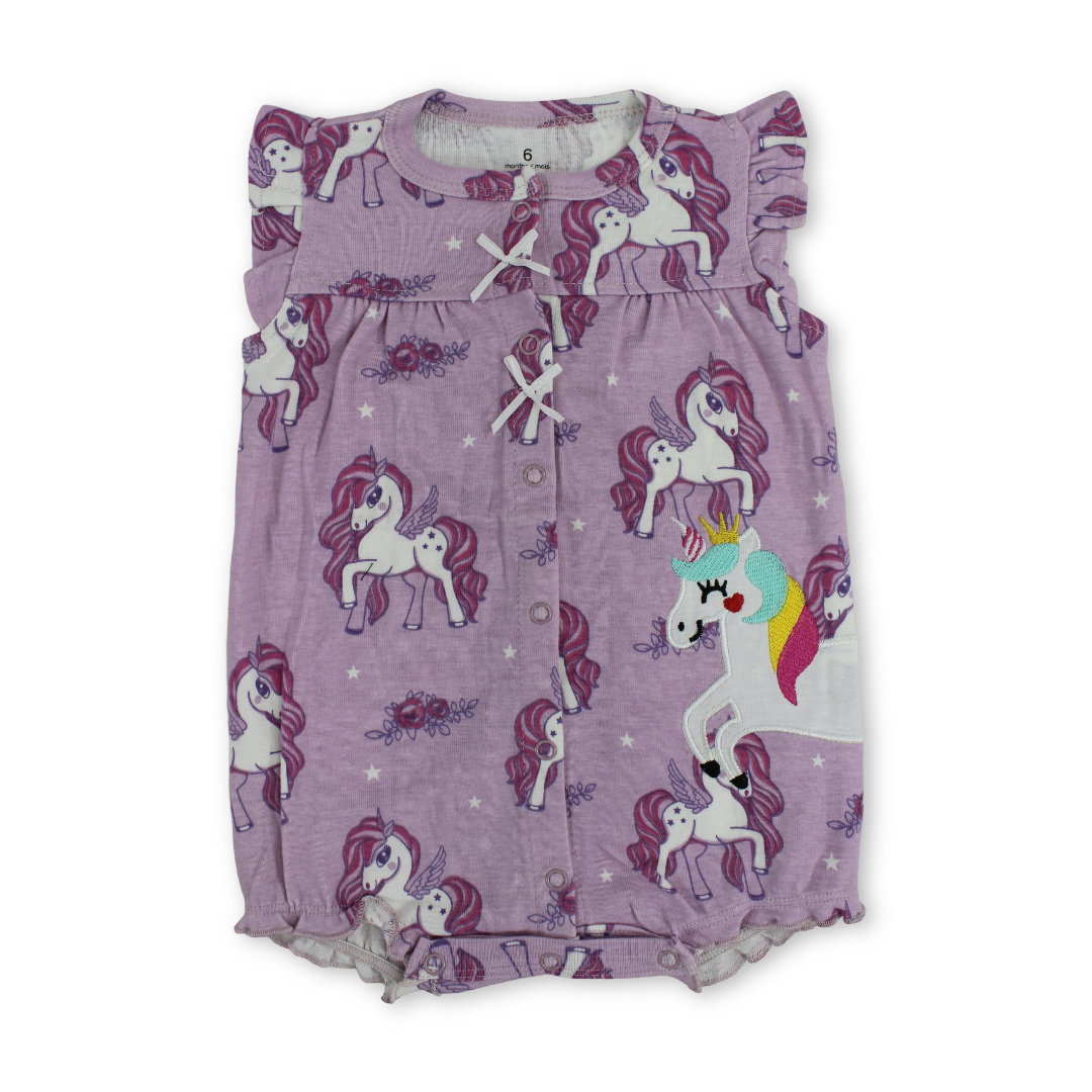 Baby Girls Cotton Romper – Purple with Unicorn Embroidery - Clothing - Cherries