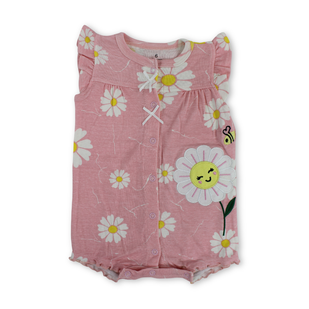 Baby Girls Cotton Romper – Pink with Sun Flowers Embroidery - Clothing - Cherries