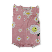 Baby Girls Cotton Romper – Pink with Sun Flowers Embroidery