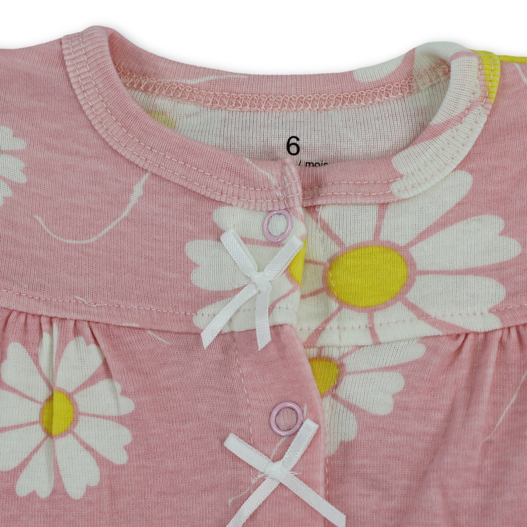 Baby Girls Cotton Romper – Pink with Sun Flowers Embroidery