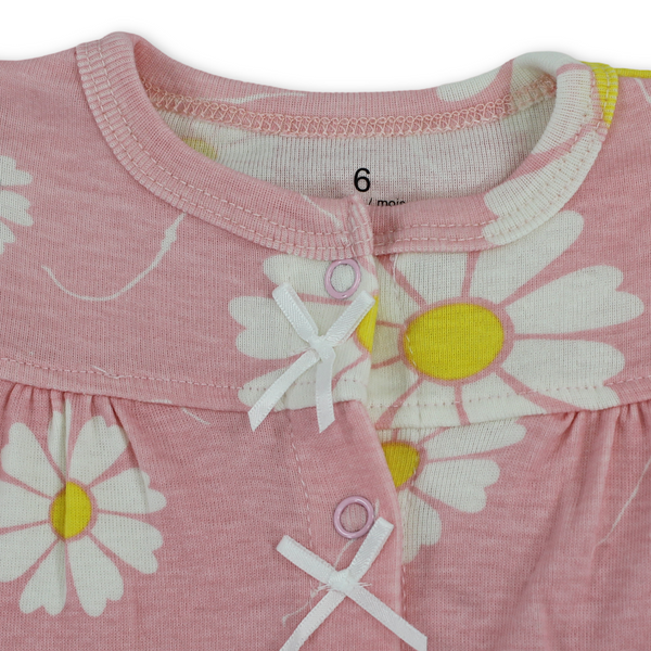 Baby Girls Cotton Romper – Pink with Sun Flowers Embroidery
