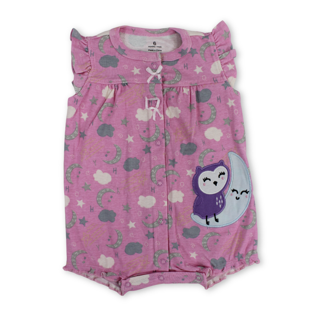 Baby Girls Cotton Romper – Pink with Owl and Crescent Moon Embroidery - Clothing - Cherries