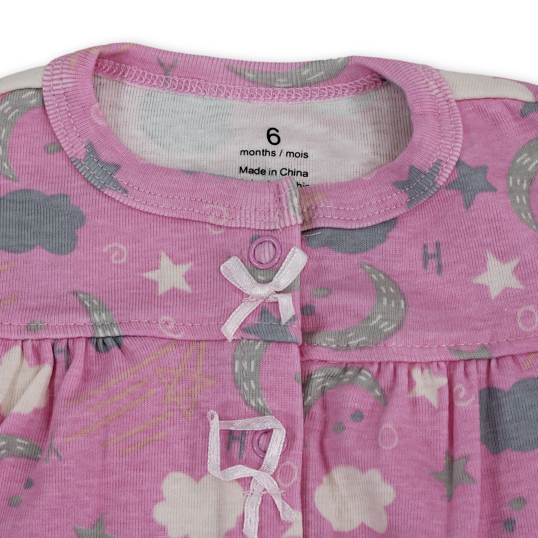 Baby Girls Cotton Romper – Pink with Owl and Crescent Moon Embroidery