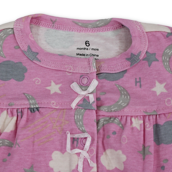 Baby Girls Cotton Romper – Pink with Owl and Crescent Moon Embroidery