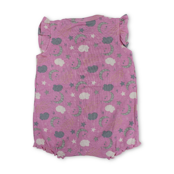 Baby Girls Cotton Romper – Pink with Owl and Crescent Moon Embroidery