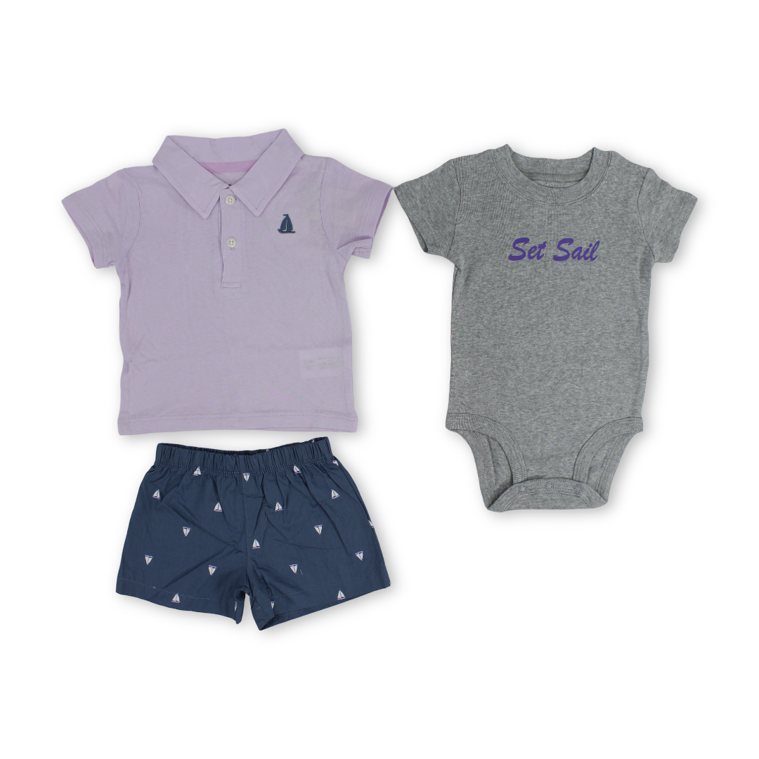 Baby Boys Cotton 3-Piece Outfit Set – Purple with Boat "Set Sail" Embroidery - Clothing - Cherries