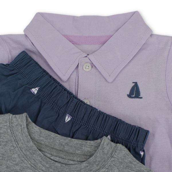 Baby Boys Cotton 3-Piece Outfit Set – Purple with Boat "Set Sail" Embroidery