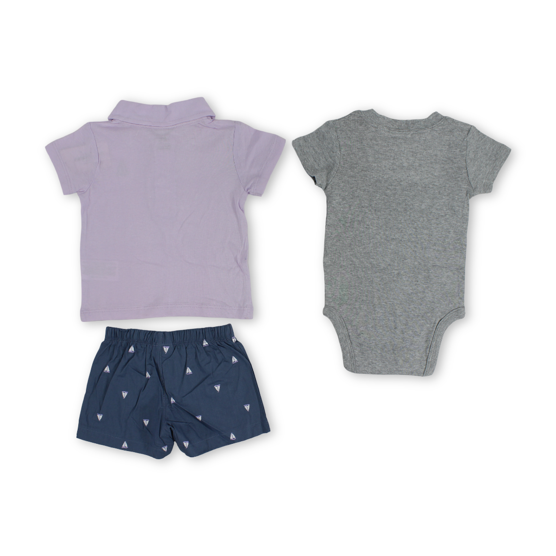 Baby Boys Cotton 3-Piece Outfit Set – Purple with Boat "Set Sail" Embroidery