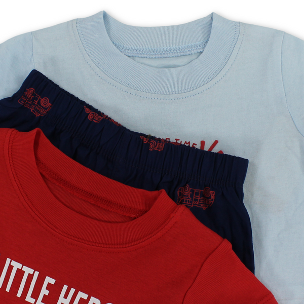 Baby Boys Cotton 3-Piece Outfit Set – Baby Blue with Fire Truck Print