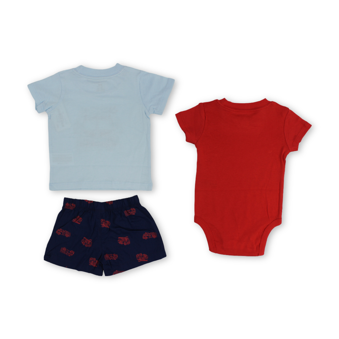 Baby Boys Cotton 3-Piece Outfit Set – Baby Blue with Fire Truck Print