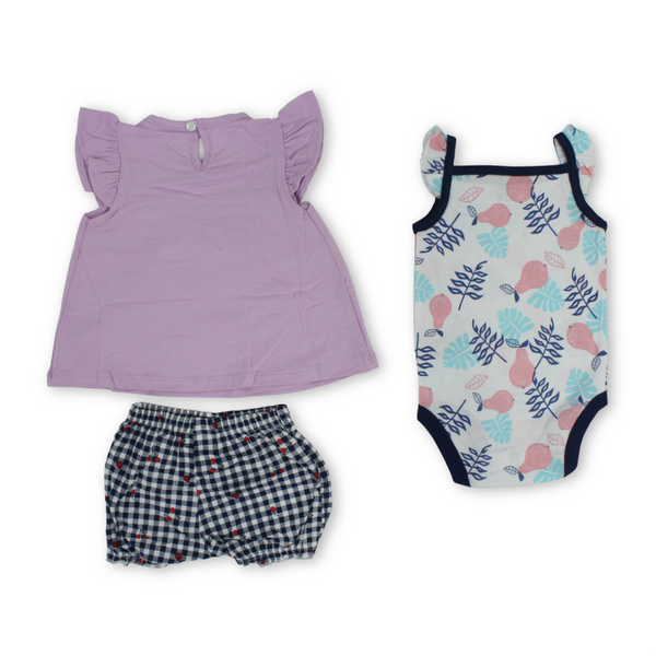Baby Girls Cotton 3-Piece Outfit Set – Purple with Unicorn Embroidery