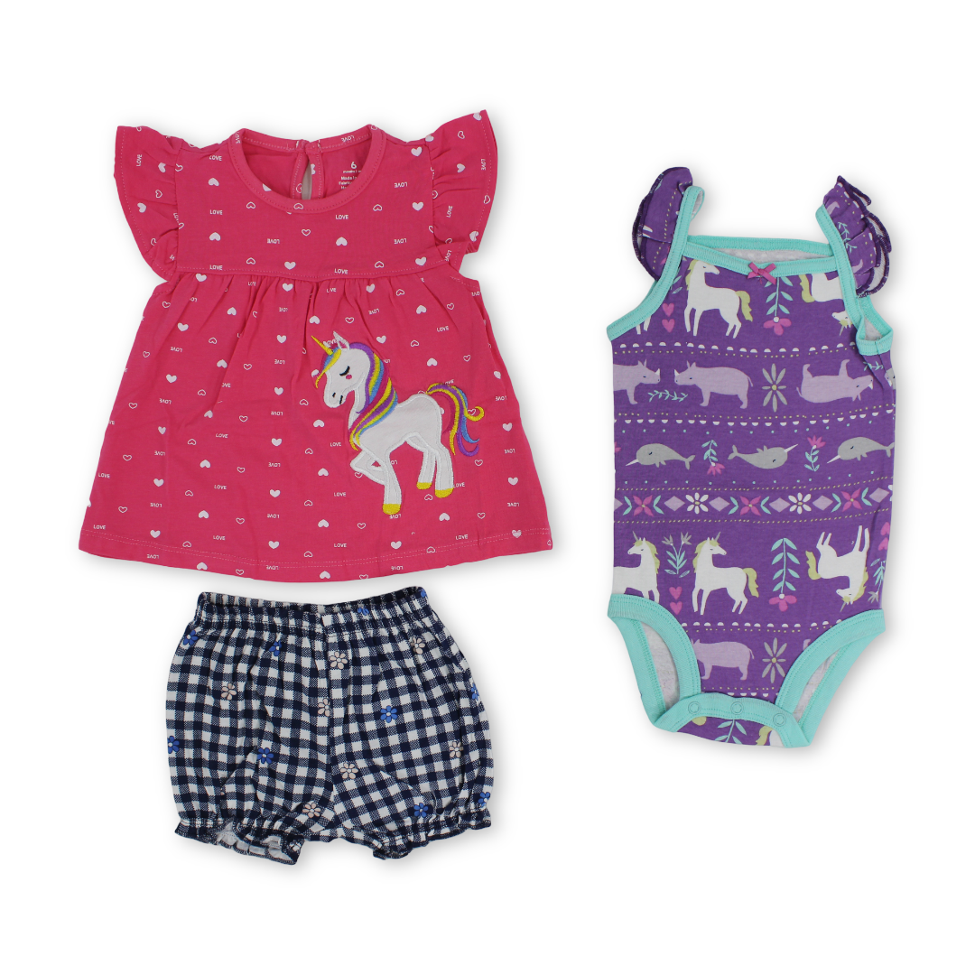 Baby Girls Cotton 3-Piece Outfit Set – Red with Unicorn Embroidery - Clothing - Cherries