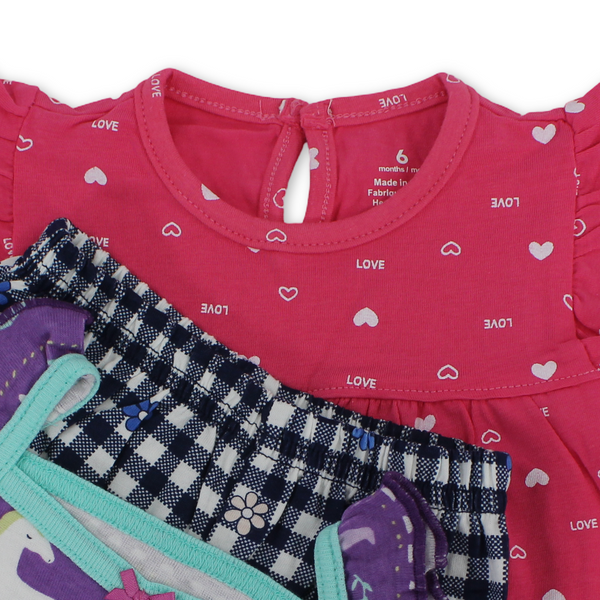 Baby Girls Cotton 3-Piece Outfit Set – Red with Unicorn Embroidery