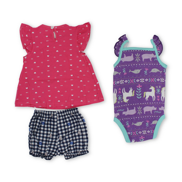 Baby Girls Cotton 3-Piece Outfit Set – Red with Unicorn Embroidery