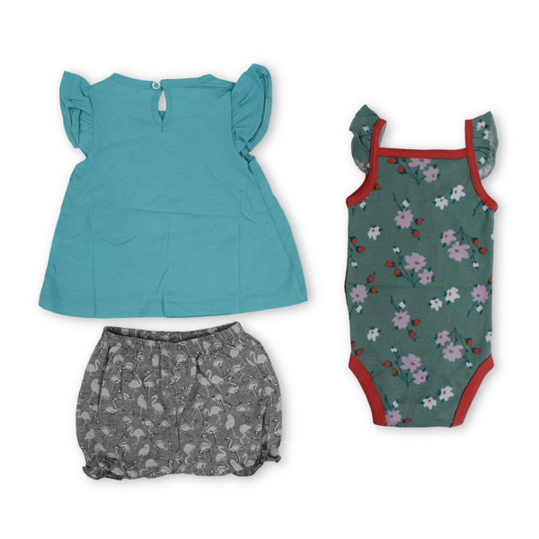Baby Girls Cotton 3-Piece Outfit Set – Aqua with Swan Embroidery