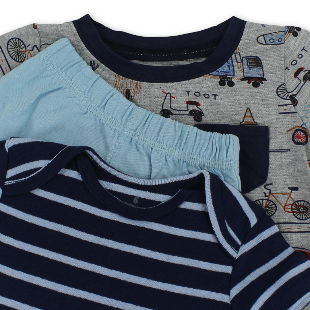 Baby Boys Cotton 3-Piece Outfit Set – Navy with Cars Print