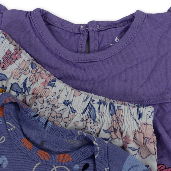 Baby Girls Cotton 3-Piece Outfit Set – Purple with Unicorn & Mini Mouse Embroidery