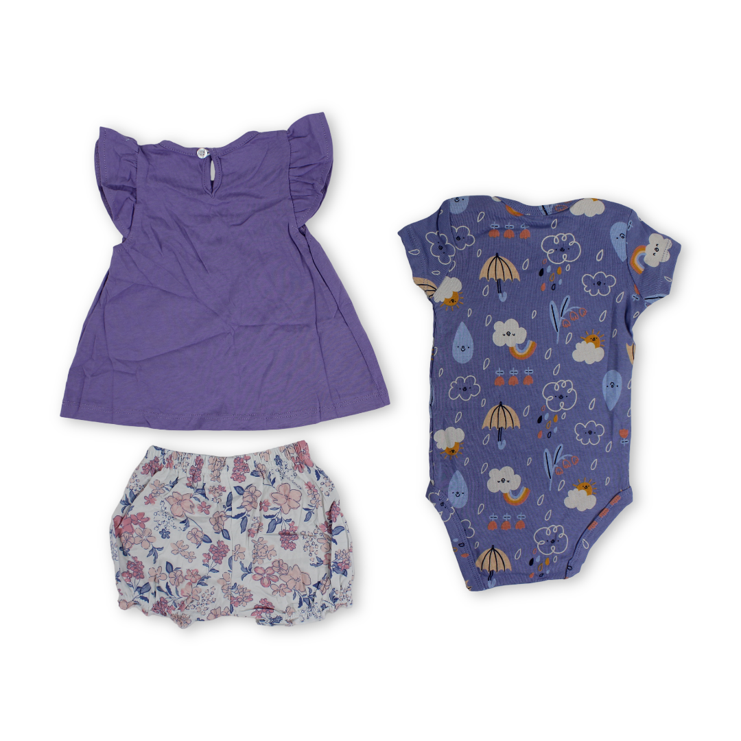Baby Girls Cotton 3-Piece Outfit Set – Purple with Unicorn & Mini Mouse Embroidery