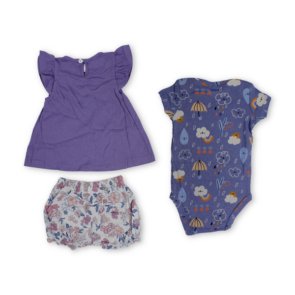 Baby Girls Cotton 3-Piece Outfit Set – Purple with Unicorn & Mini Mouse Embroidery