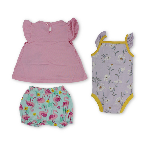 Baby Girls Cotton 3-Piece Outfit Set – Pink with Swan Embroidery