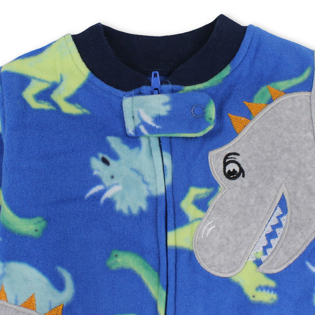 Baby Boys Velvet Baby Footie Onesie – Blue with Dino Embroidery