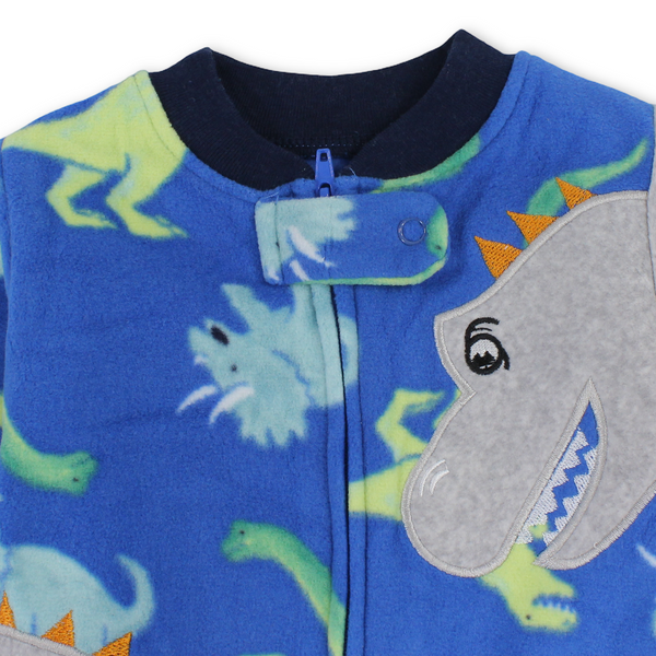 Baby Boys Velvet Baby Footie Onesie – Blue with Dino Embroidery