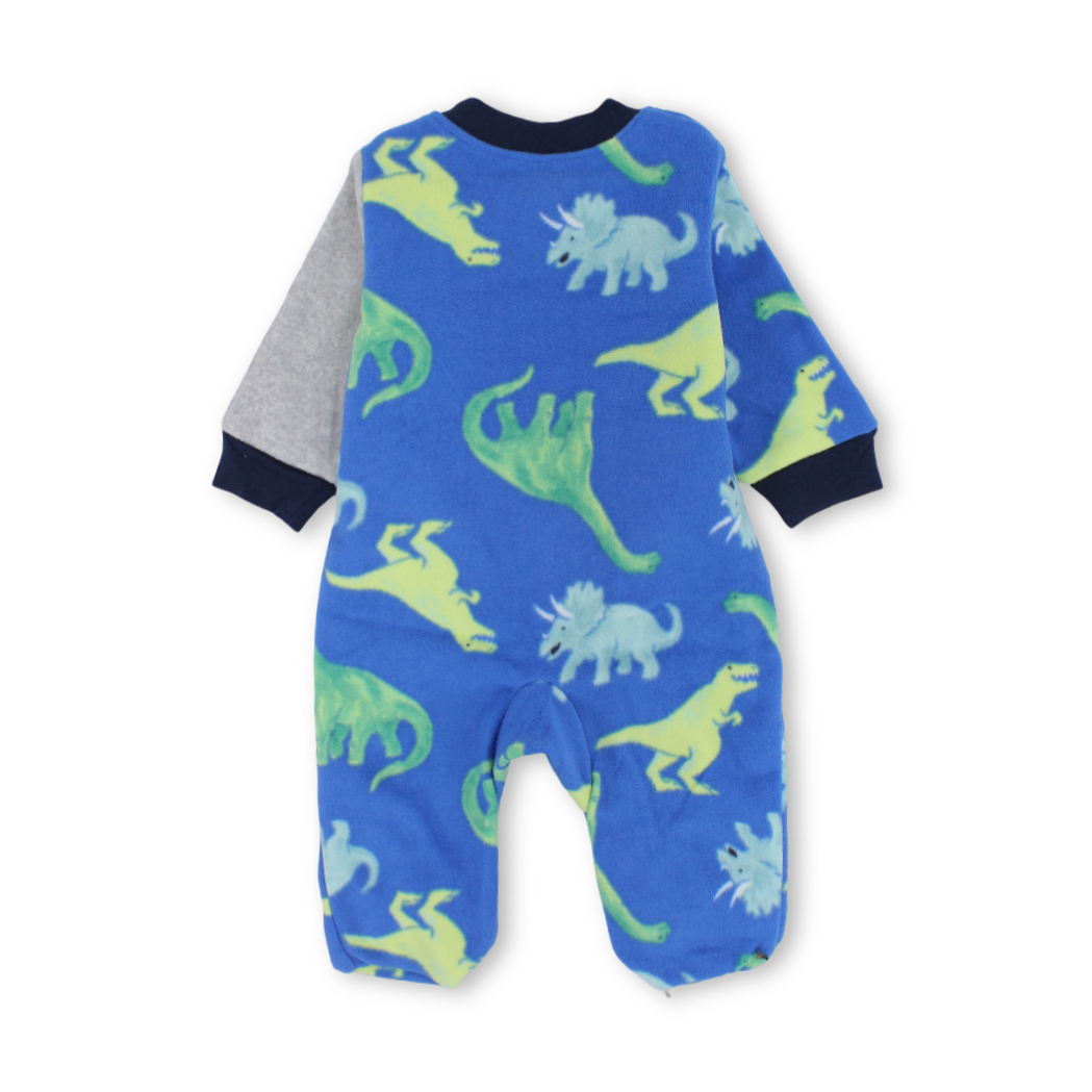 Baby Boys Velvet Baby Footie Onesie – Blue with Dino Embroidery