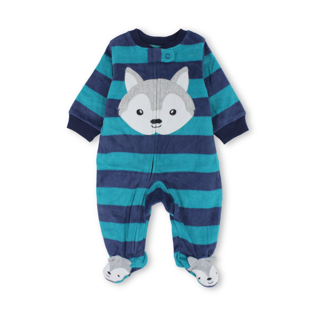 Baby Boys Velvet Baby Footie – Turquoise with Fox Embroidery