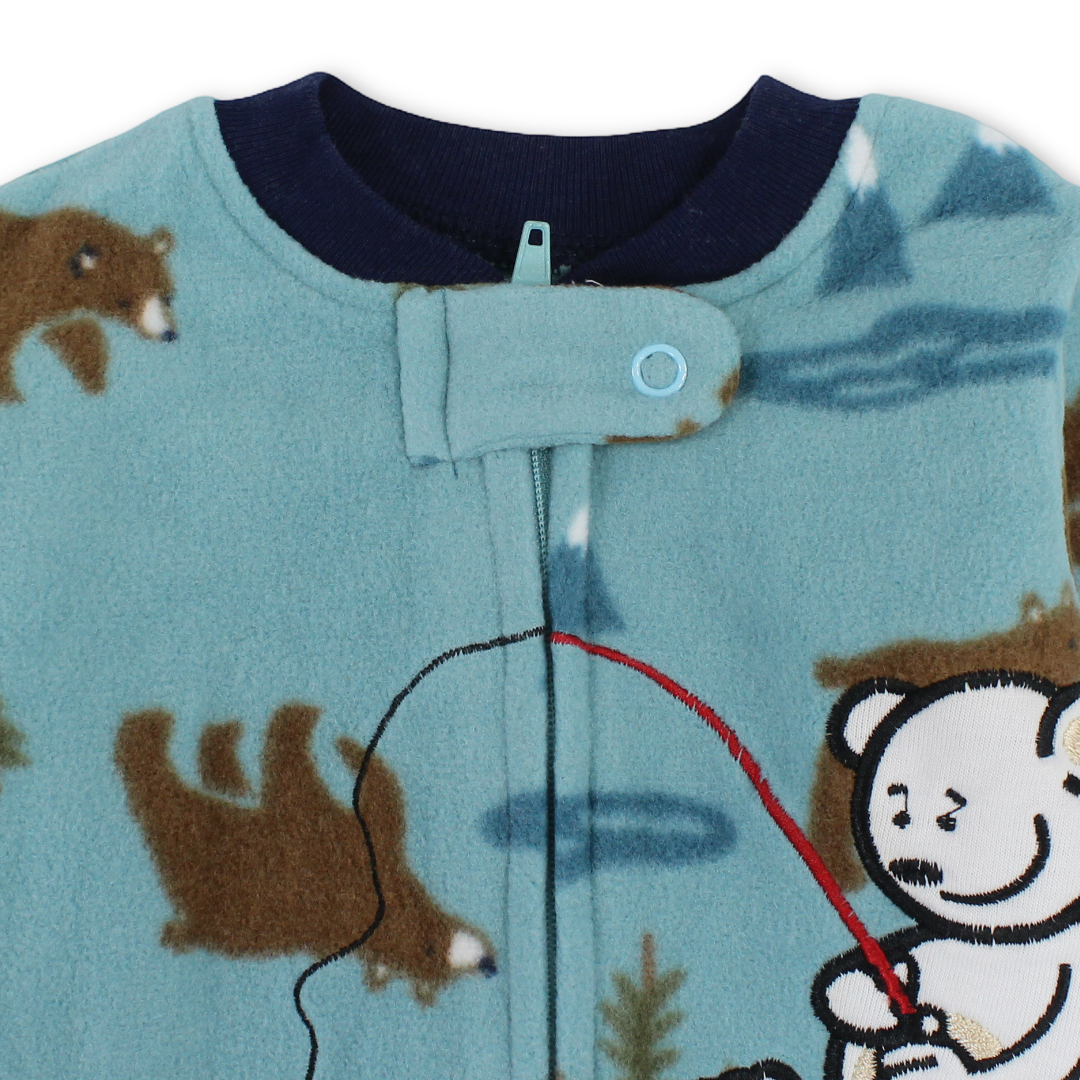 Baby Boys Velvet Baby Footie – Mint with Teddy Bear Embroidery