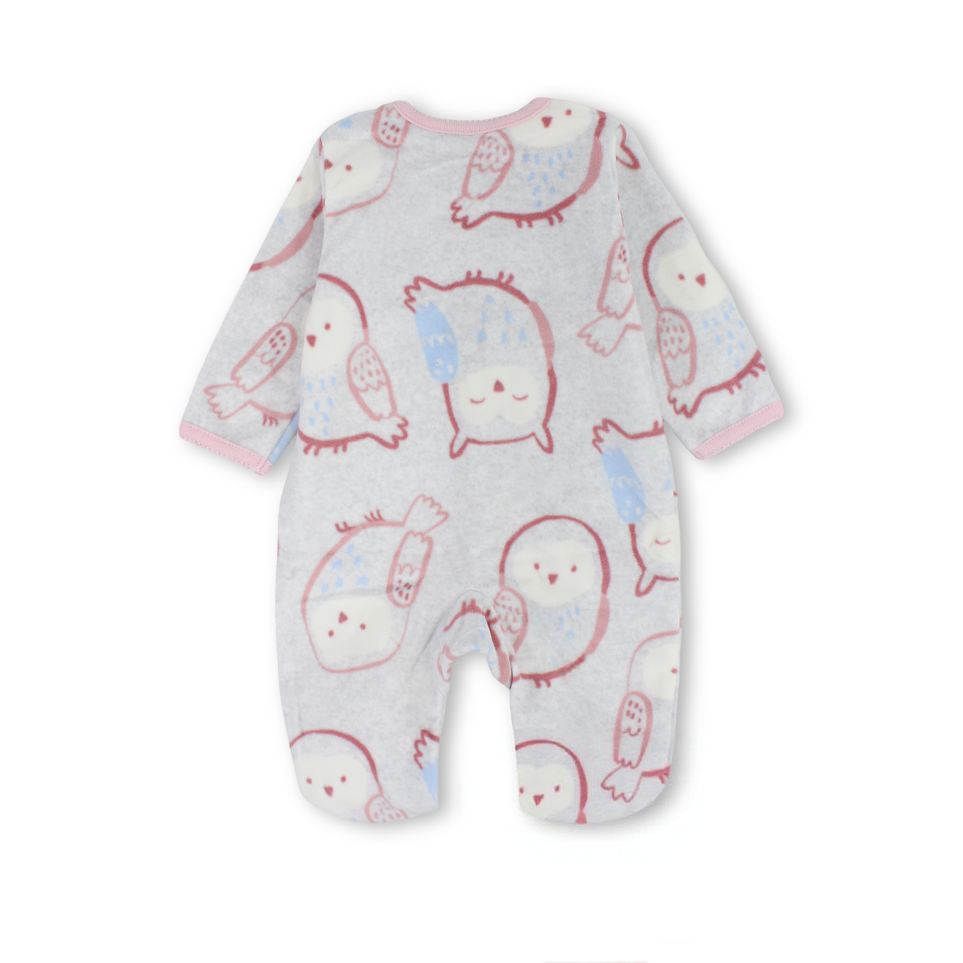 Baby Girls Velvet Baby Footie – Grey with Owl Embroidery