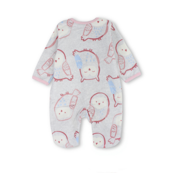 Baby Girls Velvet Baby Footie – Grey with Owl Embroidery