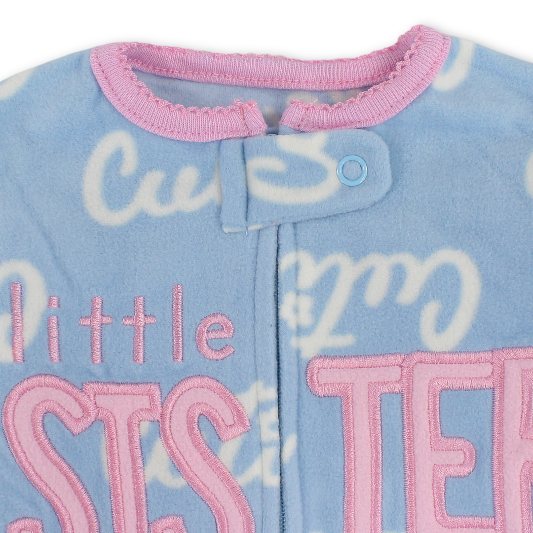 Baby Girls Velvet Baby Footie – Baby Blue with "Little Sister" Embroidery