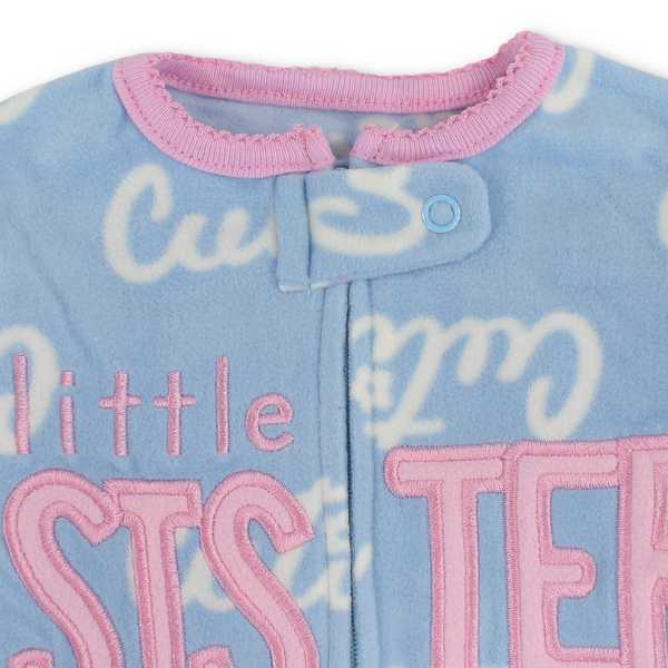 Baby Girls Velvet Baby Footie – Baby Blue with "Little Sister" Embroidery