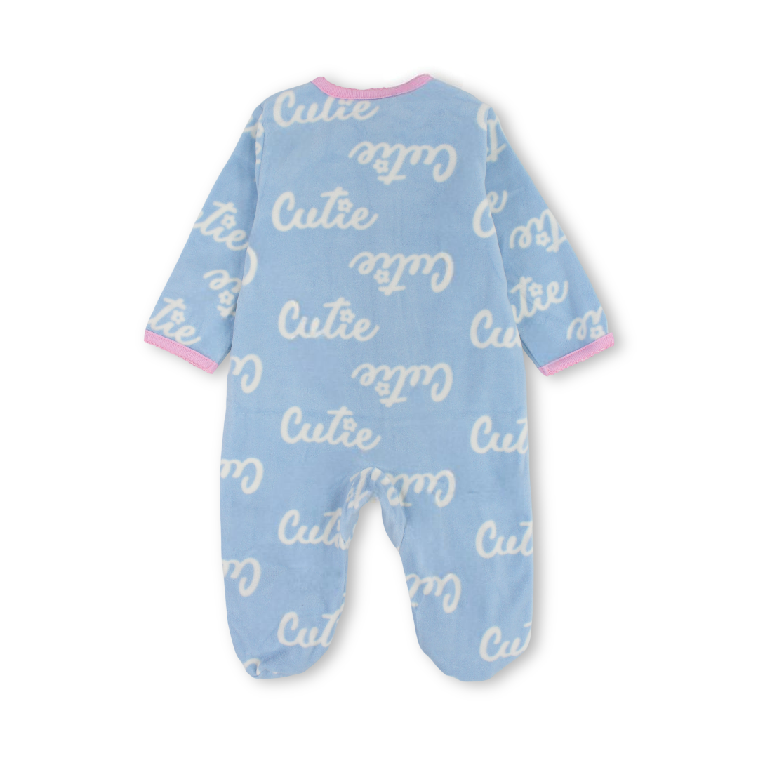 Baby Girls Velvet Baby Footie – Baby Blue with "Little Sister" Embroidery